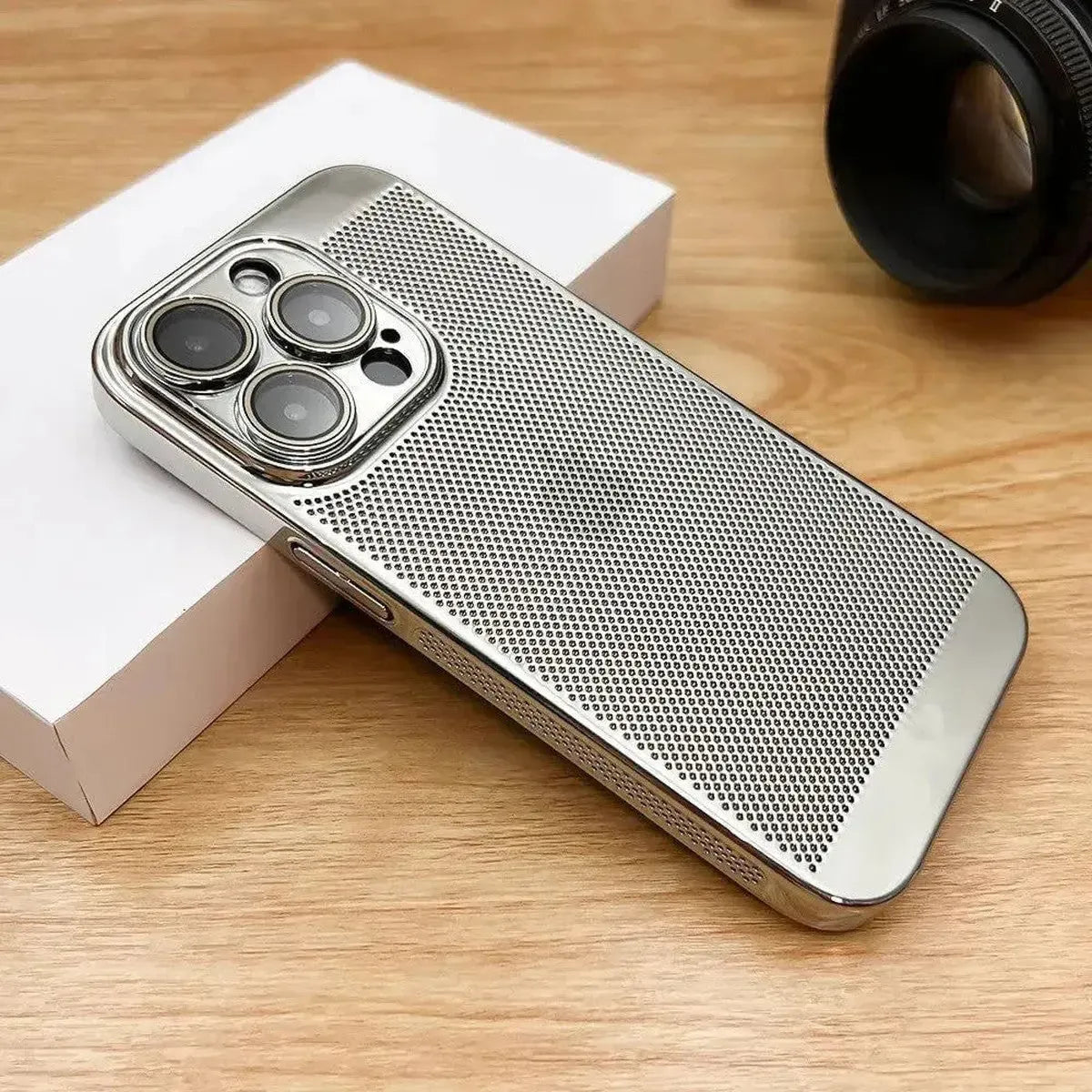 Buy Plating Breathable Heat Dissipation Mesh Cooling Case for iPhone - Alexander at Caseles-iPhone 16 Pro Max, Silver