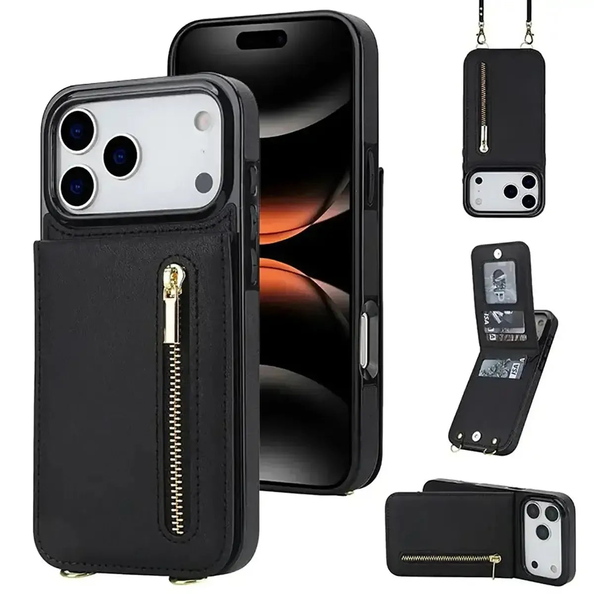 Buy Crossbody Wallet Phone Case, 5 Card Slots, Premium Leather, Kickstand Shockproof Case, Alina at Caseles-iPhone 17 Pro Max, Alina-Black
