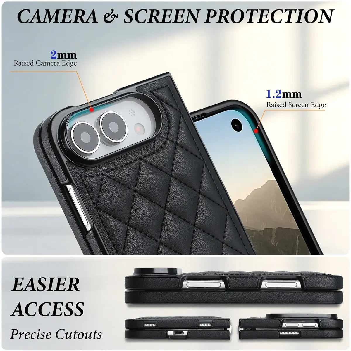 Buy Chic Quilted PU Leather Case with Layered Protection, PC Frame, 2mm Raised Camera Edge & 1.2mm Raised Screen Bezel for iPhone Duo - CALLA at Caseles-iPhone Duo, Black
