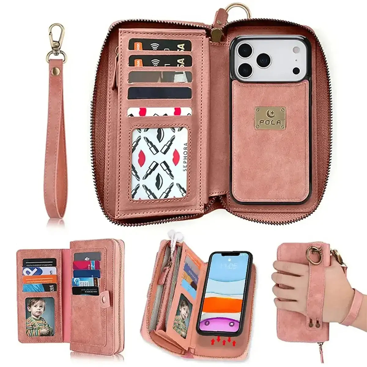 Buy Multi Functional Wallet Phone Case, 14 Card Slots 3 Purse 1 Zipper 1 Wrist Band 1 Metal Buckle, Wrist Strap Clutch Magnetic Detachable,Darell at Caseles-iPhone 17 Pro Max, Darell-pink