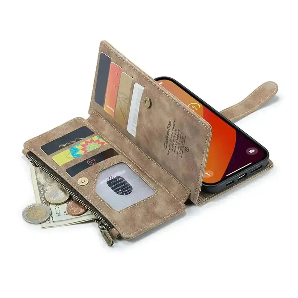Buy Zipper Flip Folio Wallet Phone Case, Premium Leather Cover with Card Slots Cash Pocket Magnetic Closure and Kickstand,Devy at Caseles-iPhone 17 Pro Max, Khaki