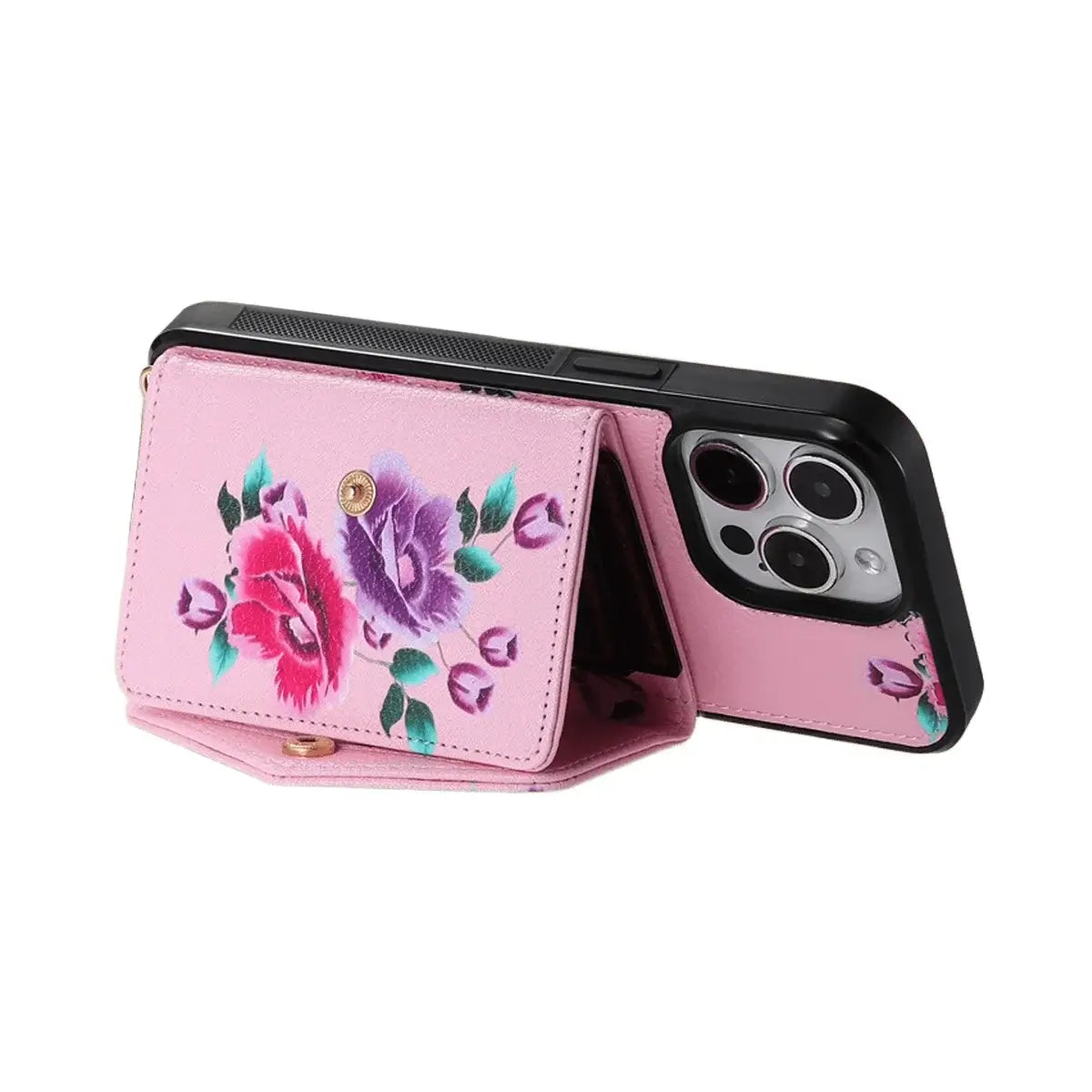 BuyCaseles Floral Wallet Case for iPhone: RFID Blocking, Makeup Mirror, Card Holder & Crossbody Strap - Flora at Caseles-iPhone 17 Pro Max, Black