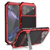 Buy Heavy Duty Aluminum iPhone Case with Kickstand, Built-in Screen & Camera Protector, Shockproof Military-Grade Gorilla Glass Cover - Hamza at Caseles-iPhone 17 Pro Max, Red