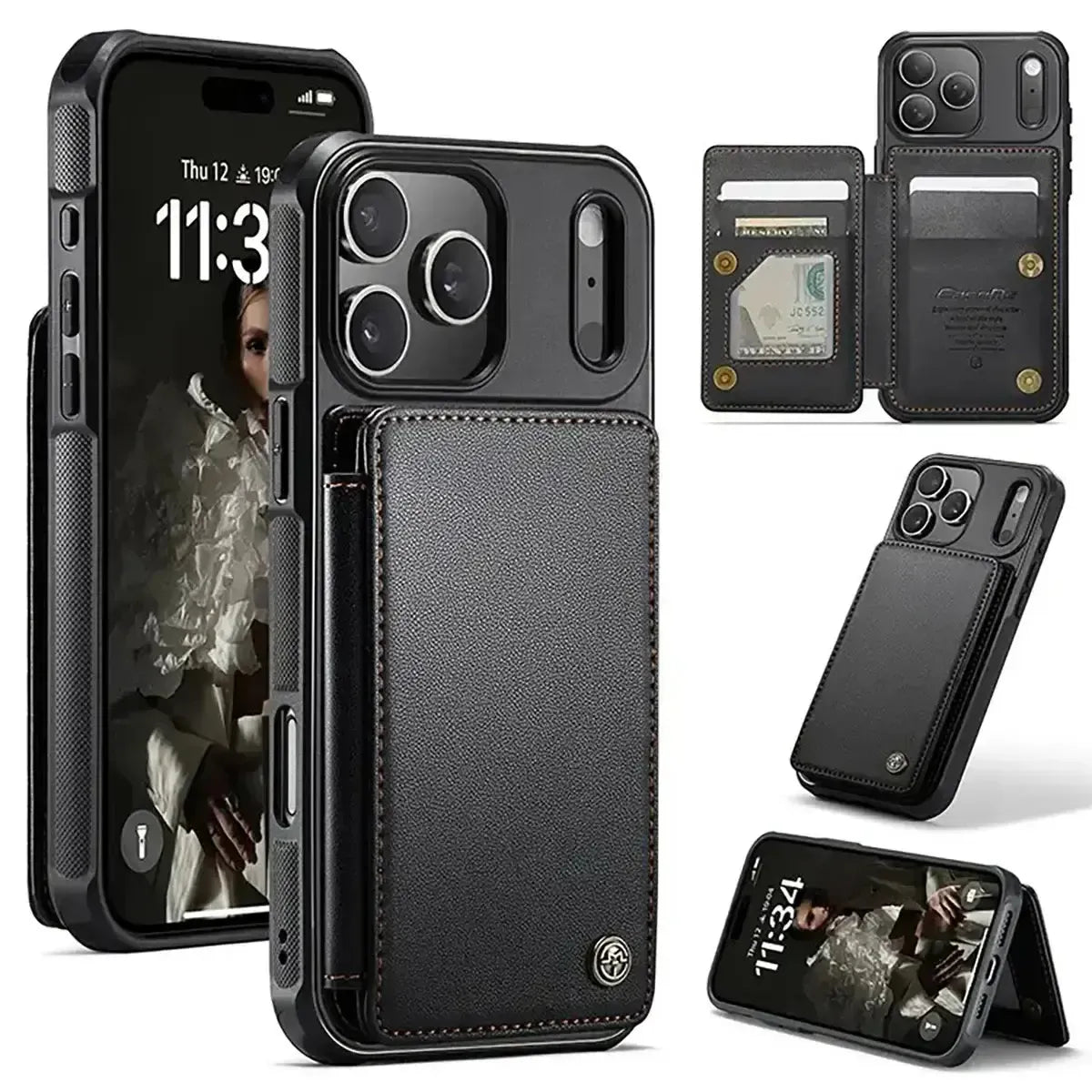 Buy Leather Flip Folio Phone Wallet Case, Magnetic Snap & RFID Blocking Card Slots, Kickstand Shockproof Protective Cover - NASH at Caseles-iPhone 17 Pro Max, Nash-Black