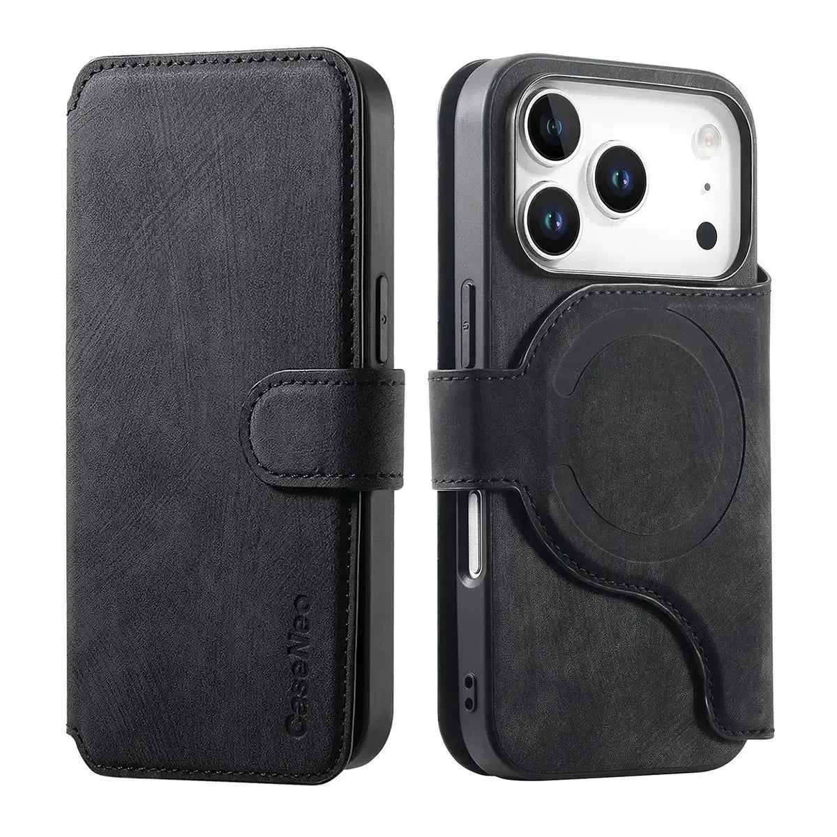 Buy Retro Magnetic Wallet Case, Support Magsafe, Detachable 2in1 Folio Flip Cover, with Card Slots - Nelson at Caseles-iPhone 17 Pro Max, Black