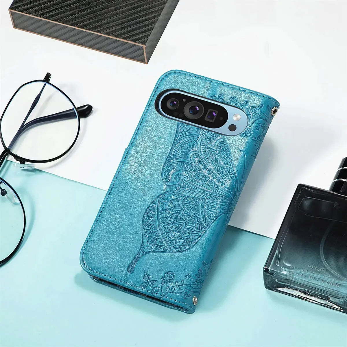 Buy Wallet Case for Google Pixel, Leather Flip Cover with Card Slots, Wrist Strap, Butterfly Embossed Design, Stand Feature for Women - Piper at Caseles-Google Pixel 10 Pro XL, Black