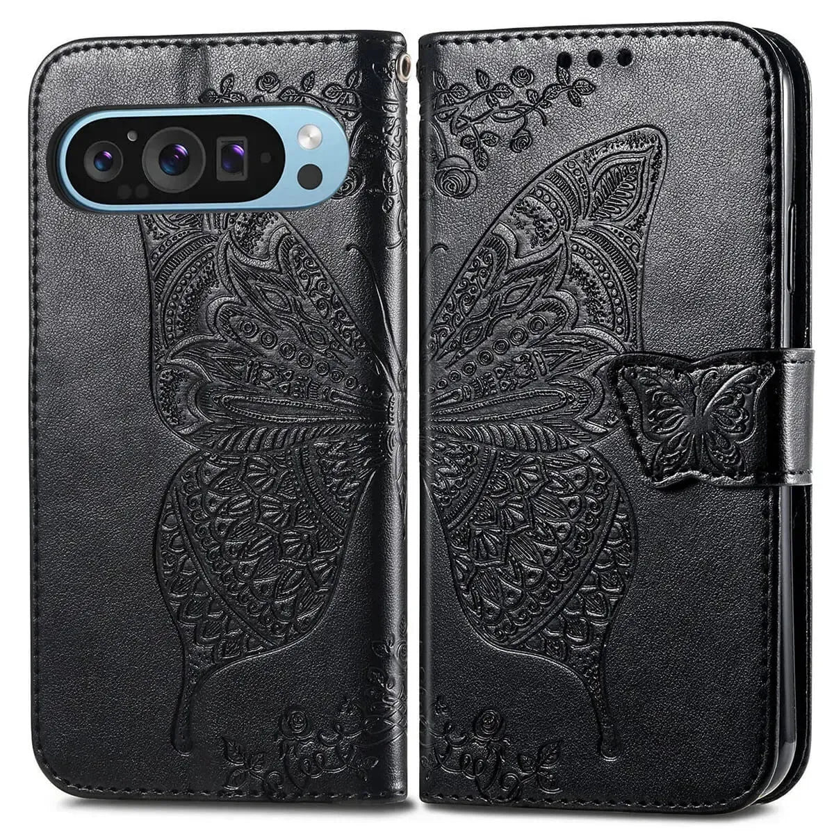 Buy Wallet Case for Google Pixel, Leather Flip Cover with Card Slots, Wrist Strap, Butterfly Embossed Design, Stand Feature for Women - Piper at Caseles-Google Pixel 10 Pro XL, Black