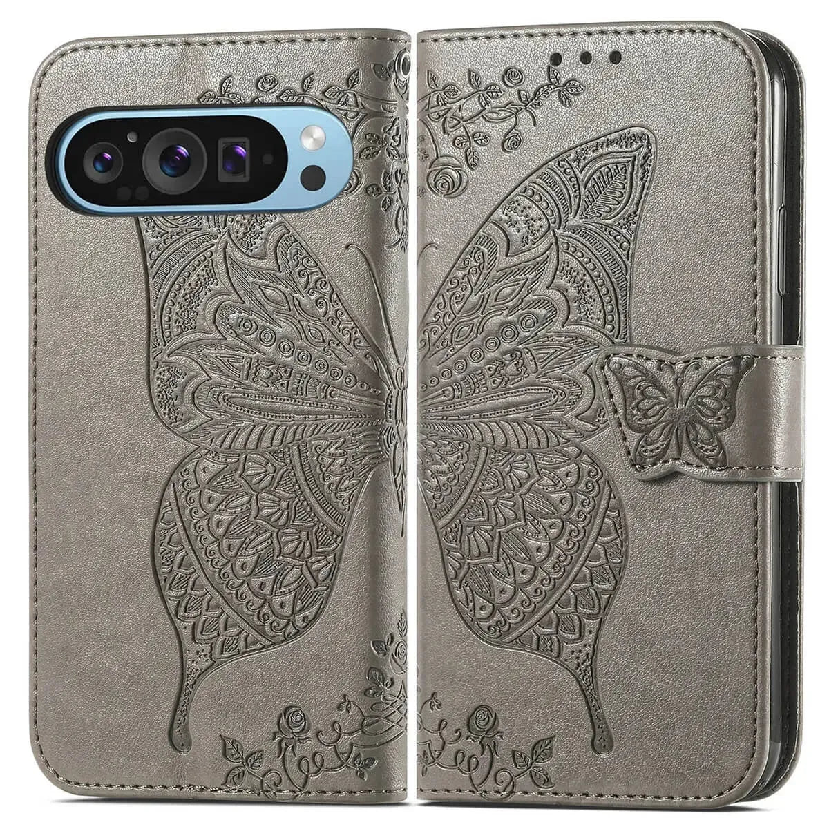 Buy Wallet Case for Google Pixel, Leather Flip Cover with Card Slots, Wrist Strap, Butterfly Embossed Design, Stand Feature for Women - Piper at Caseles-Google Pixel 10 Pro XL, Black