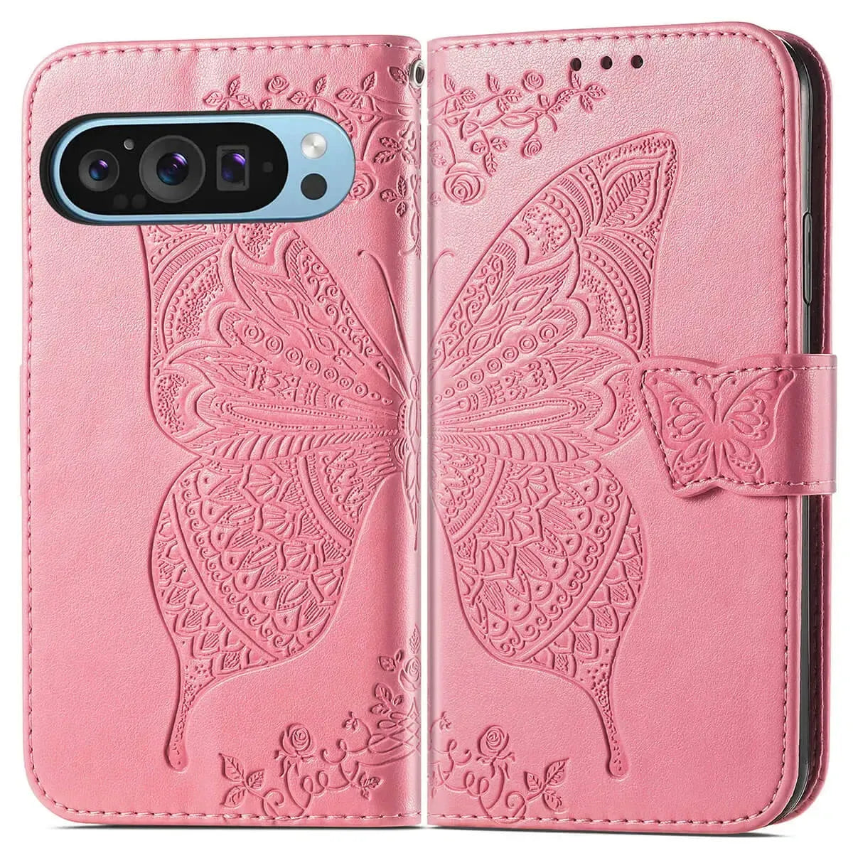 Buy Wallet Case for Google Pixel, Leather Flip Cover with Card Slots, Wrist Strap, Butterfly Embossed Design, Stand Feature for Women - Piper at Caseles-Google Pixel 10 Pro XL, Black