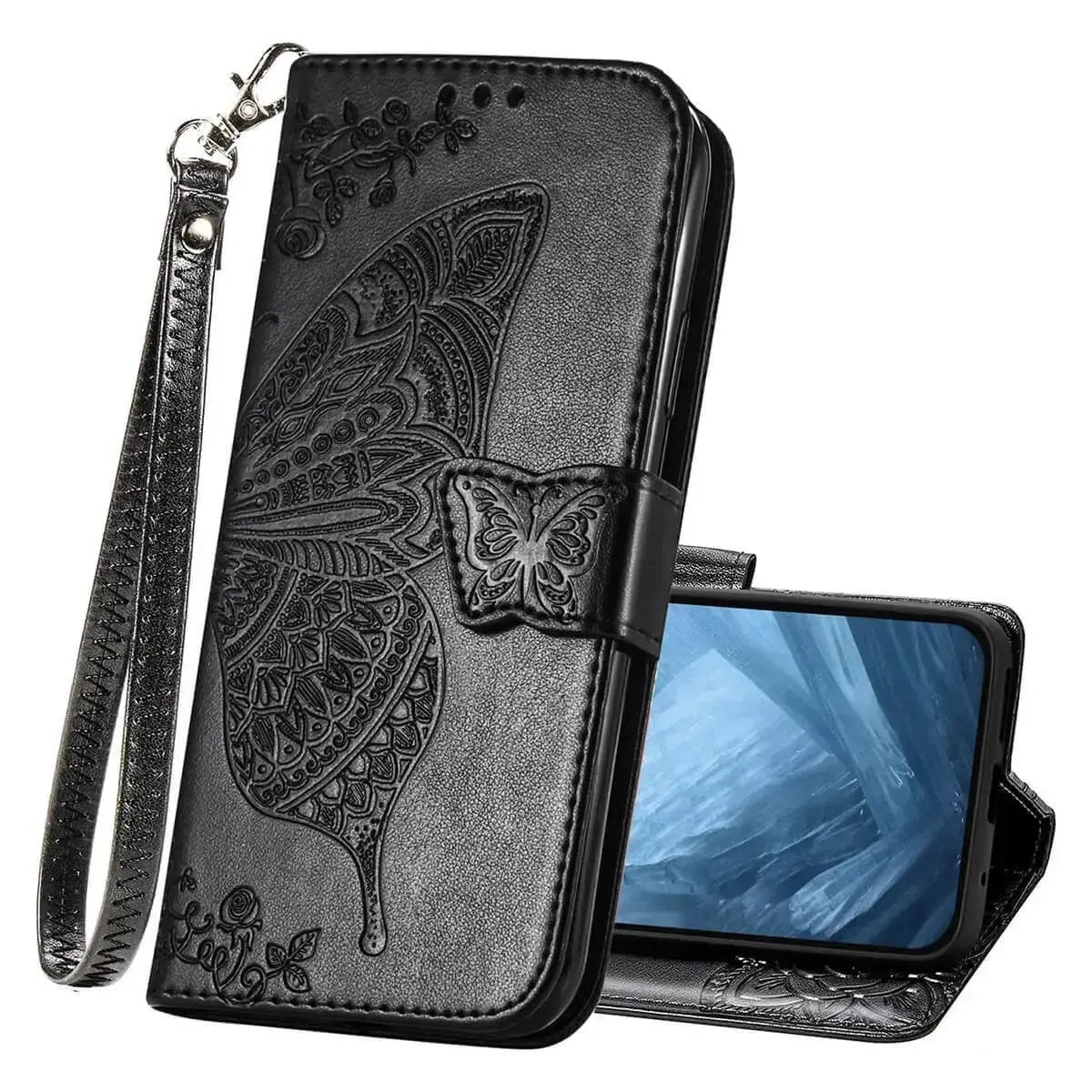 Buy Wallet Case for Google Pixel, Leather Flip Cover with Card Slots, Wrist Strap, Butterfly Embossed Design, Stand Feature for Women - Piper at Caseles-Google Pixel 10 Pro XL, Black