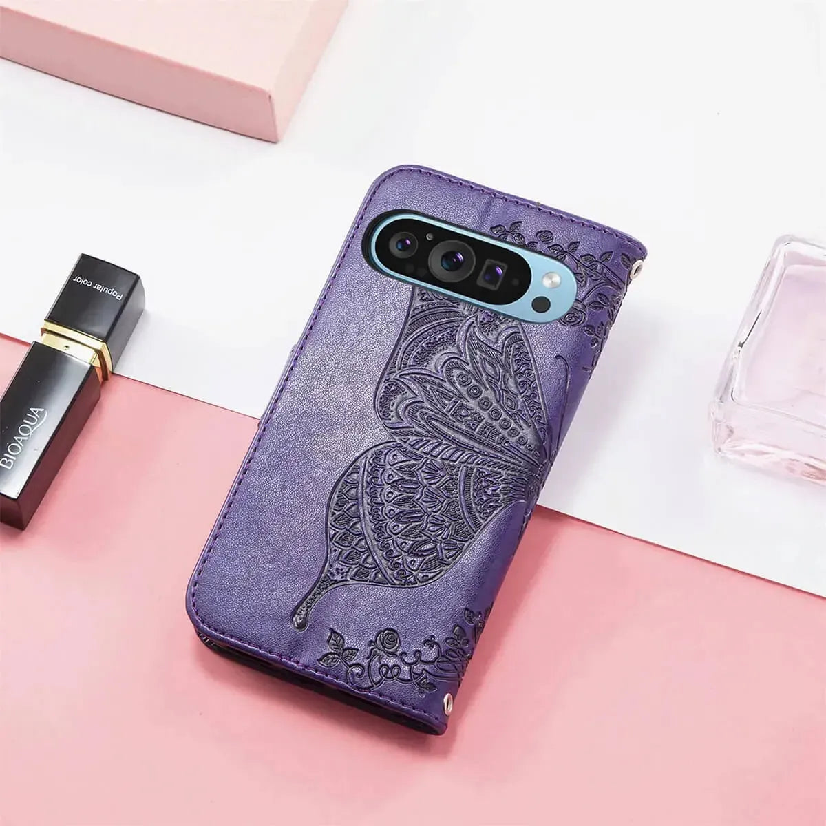 Buy Wallet Case for Google Pixel, Leather Flip Cover with Card Slots, Wrist Strap, Butterfly Embossed Design, Stand Feature for Women - Piper at Caseles-Google Pixel 10 Pro XL, Black