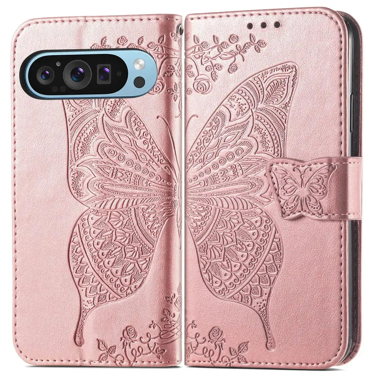 Buy Wallet Case for Google Pixel, Leather Flip Cover with Card Slots, Wrist Strap, Butterfly Embossed Design, Stand Feature for Women - Piper at Caseles-Google Pixel 10 Pro XL, Black