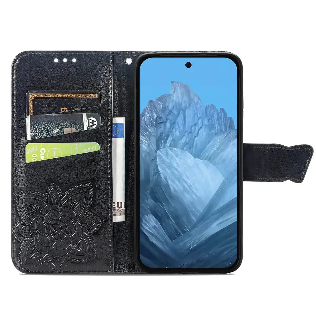 Buy Wallet Case for Google Pixel, Leather Flip Cover with Card Slots, Wrist Strap, Butterfly Embossed Design, Stand Feature for Women - Piper at Caseles-Google Pixel 10 Pro XL, Black