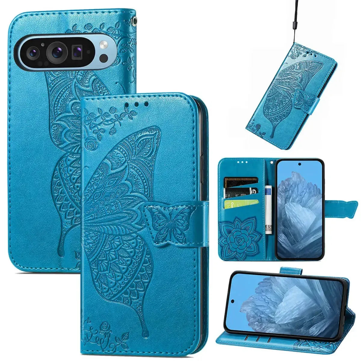 Buy Wallet Case for Google Pixel, Leather Flip Cover with Card Slots, Wrist Strap, Butterfly Embossed Design, Stand Feature for Women - Piper at Caseles-Google Pixel 10 Pro XL, Blue