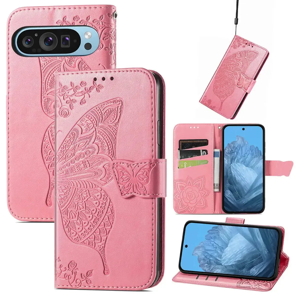Buy Wallet Case for Google Pixel, Leather Flip Cover with Card Slots, Wrist Strap, Butterfly Embossed Design, Stand Feature for Women - Piper at Caseles-Google Pixel 10 Pro XL, Pink