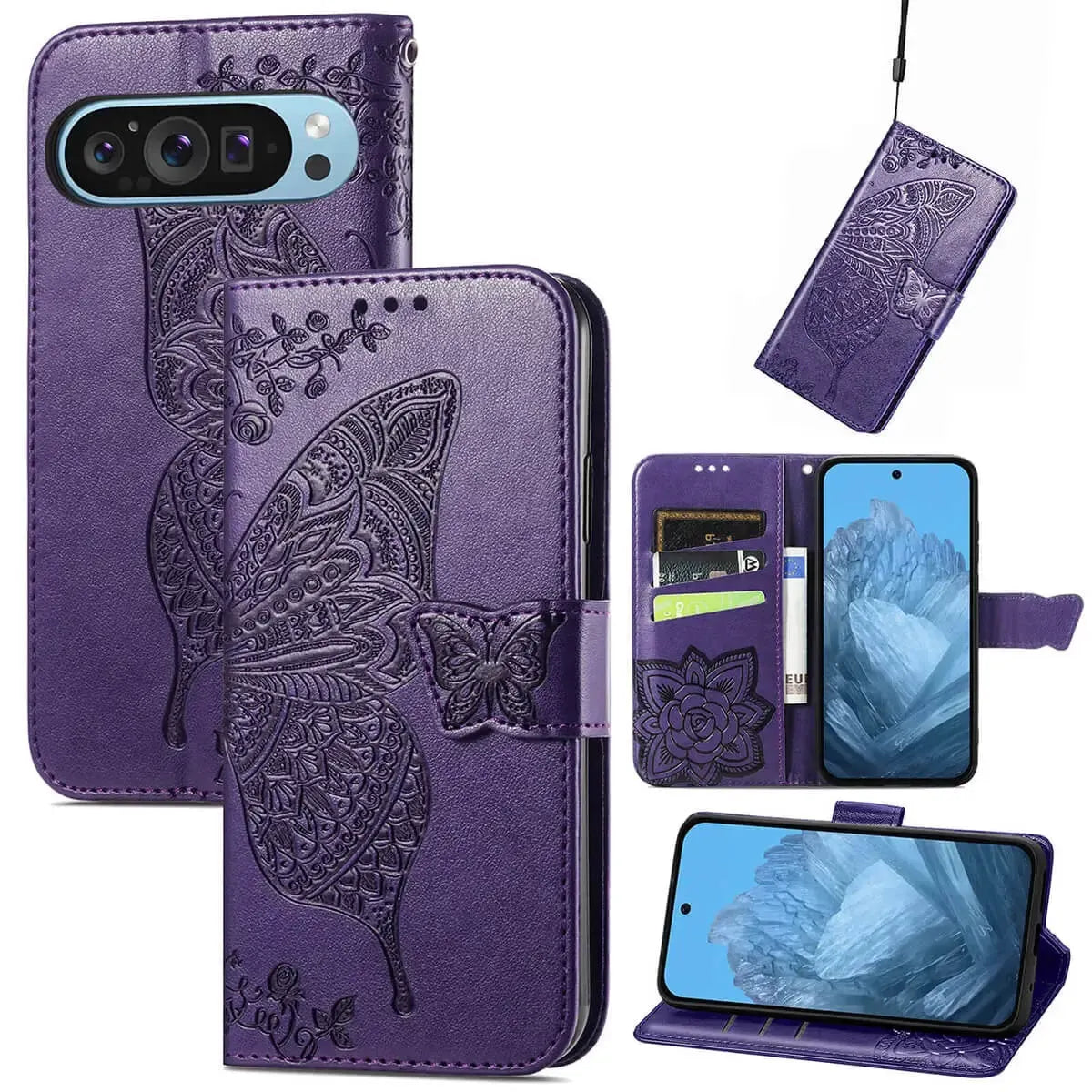 Buy Wallet Case for Google Pixel, Leather Flip Cover with Card Slots, Wrist Strap, Butterfly Embossed Design, Stand Feature for Women - Piper at Caseles-Google Pixel 10 Pro XL, Purple