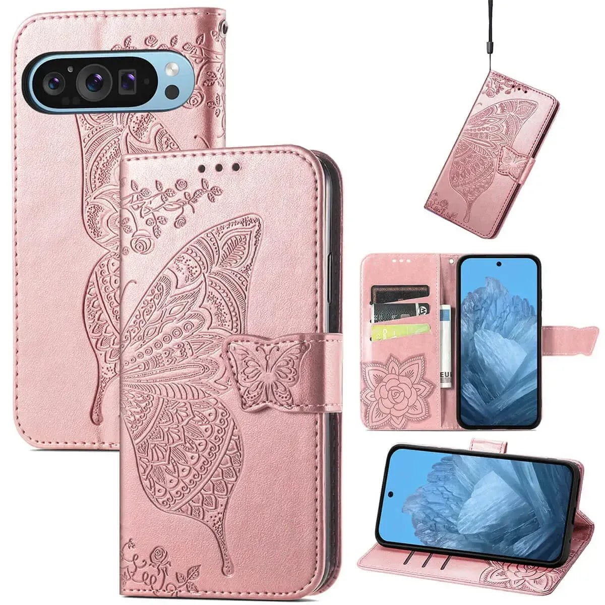 Buy Wallet Case for Google Pixel, Leather Flip Cover with Card Slots, Wrist Strap, Butterfly Embossed Design, Stand Feature for Women - Piper at Caseles-Google Pixel 10 Pro XL, Rose Gold