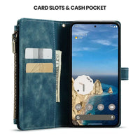 Buy Zipper Flip Folio Wallet Phone Case, Premium Leather Cover with Card Slots Cash Pocket Magnetic Closure and Kickstand,Devy at Caseles-Google Pixel 9 Pro XL, Brown