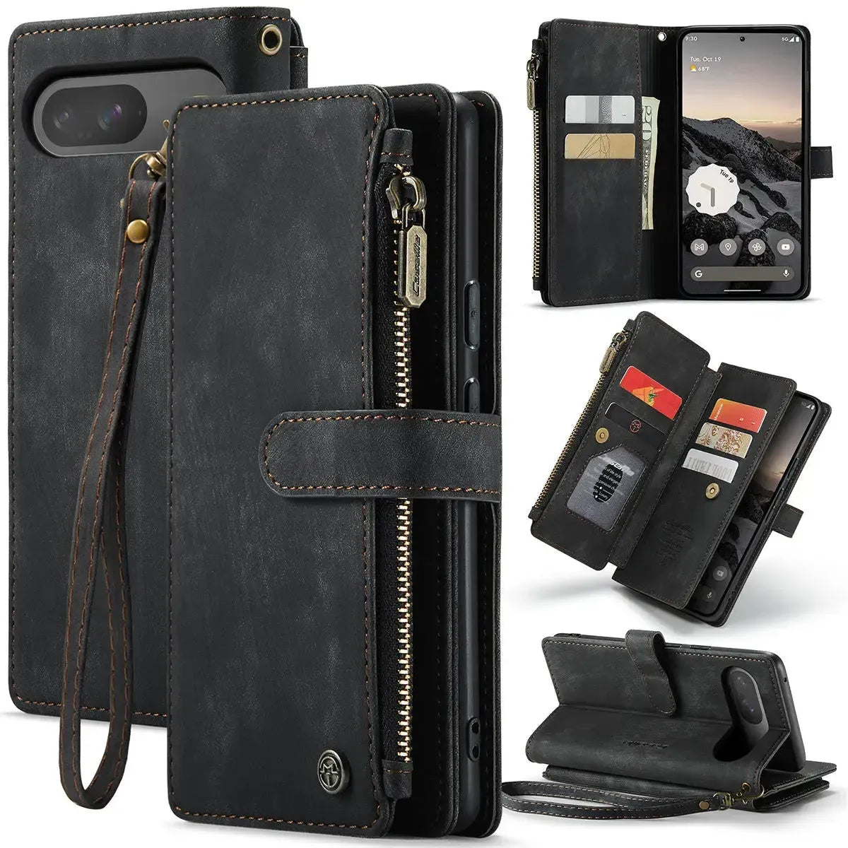Buy Zipper Flip Folio Wallet Phone Case, Premium Leather Cover with Card Slots Cash Pocket Magnetic Closure and Kickstand,Devy at Caseles-Google Pixel 9 Pro XL, Black