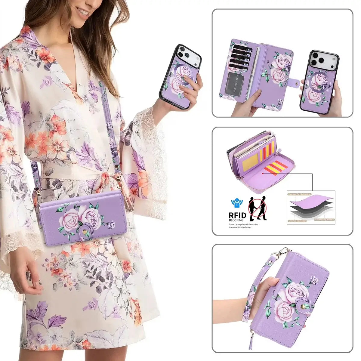 Buy 2-in-1 Floral Armor for iPhone: 15 Card Slots, Anti-Spy Shield, RFID Protection & MagSafe - Vala at Caseles-iPhone 17 Pro Max, Black