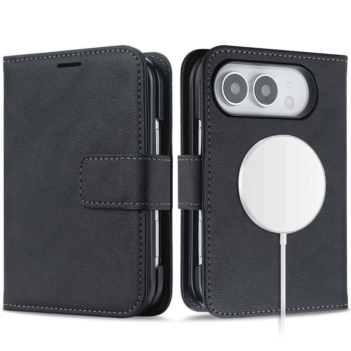 Buy MagSafe Compatible Leather Flip Wallet with RFID Blocking, 2 Card Slots, 1 Cash Slot & Detachable Magnetic Phone Cover for iPhone Duo - VALEN at Caseles-iPhone Duo, Black