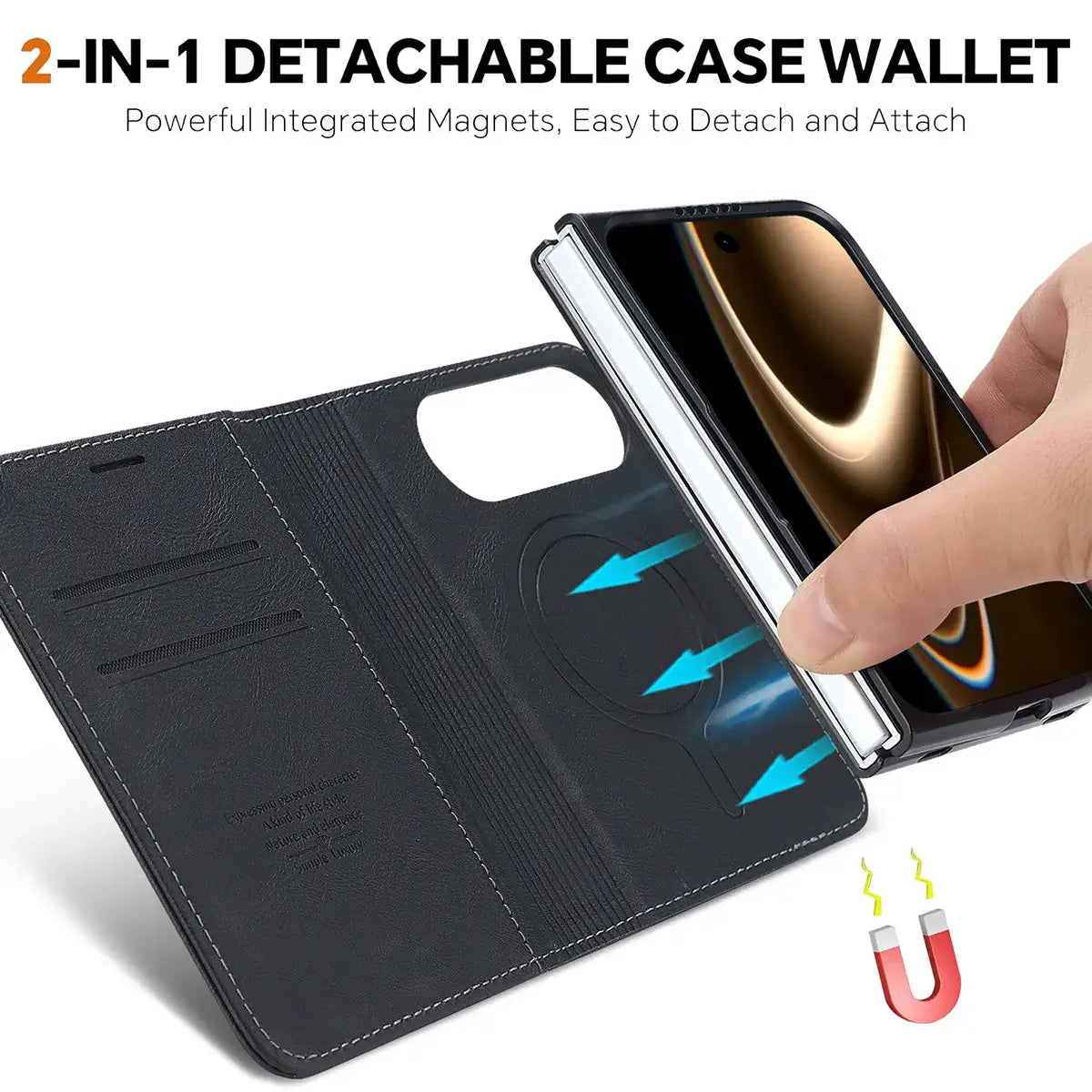 Buy MagSafe Compatible Leather Flip Wallet with RFID Blocking, 2 Card Slots, 1 Cash Slot & Detachable Magnetic Phone Cover for iPhone Duo - VALEN at Caseles-iPhone Duo, Black