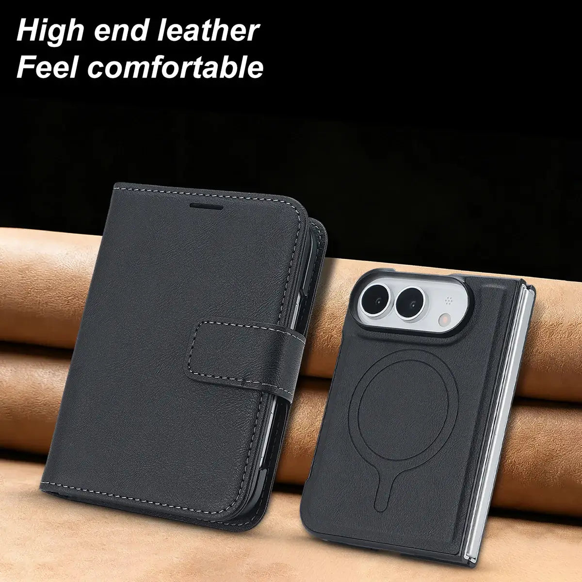 Buy MagSafe Compatible Leather Flip Wallet with RFID Blocking, 2 Card Slots, 1 Cash Slot & Detachable Magnetic Phone Cover for iPhone Duo - VALEN at Caseles-iPhone Duo, Black