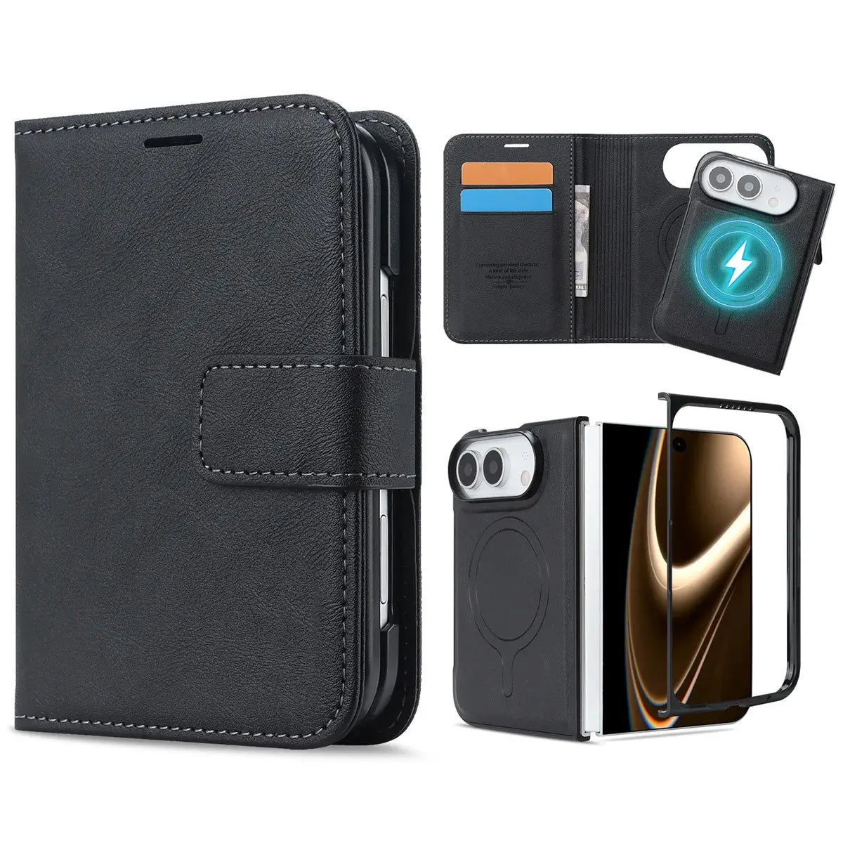 Buy MagSafe Compatible Leather Flip Wallet with RFID Blocking, 2 Card Slots, 1 Cash Slot & Detachable Magnetic Phone Cover for iPhone Duo - VALEN at Caseles-iPhone Duo, Black