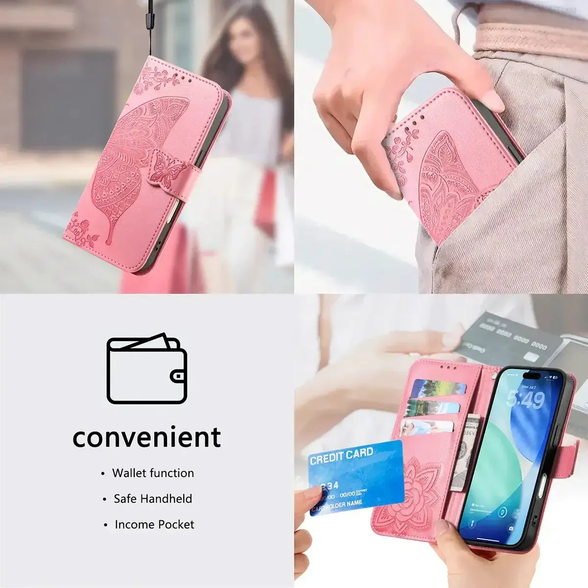 Buy Wallet Case for iPhone, Leather Flip Cover with Card Slots, Wrist Strap, Butterfly Embossed Design, Stand Feature - VANNY at Caseles-iPhone 17 Pro Max, Black
