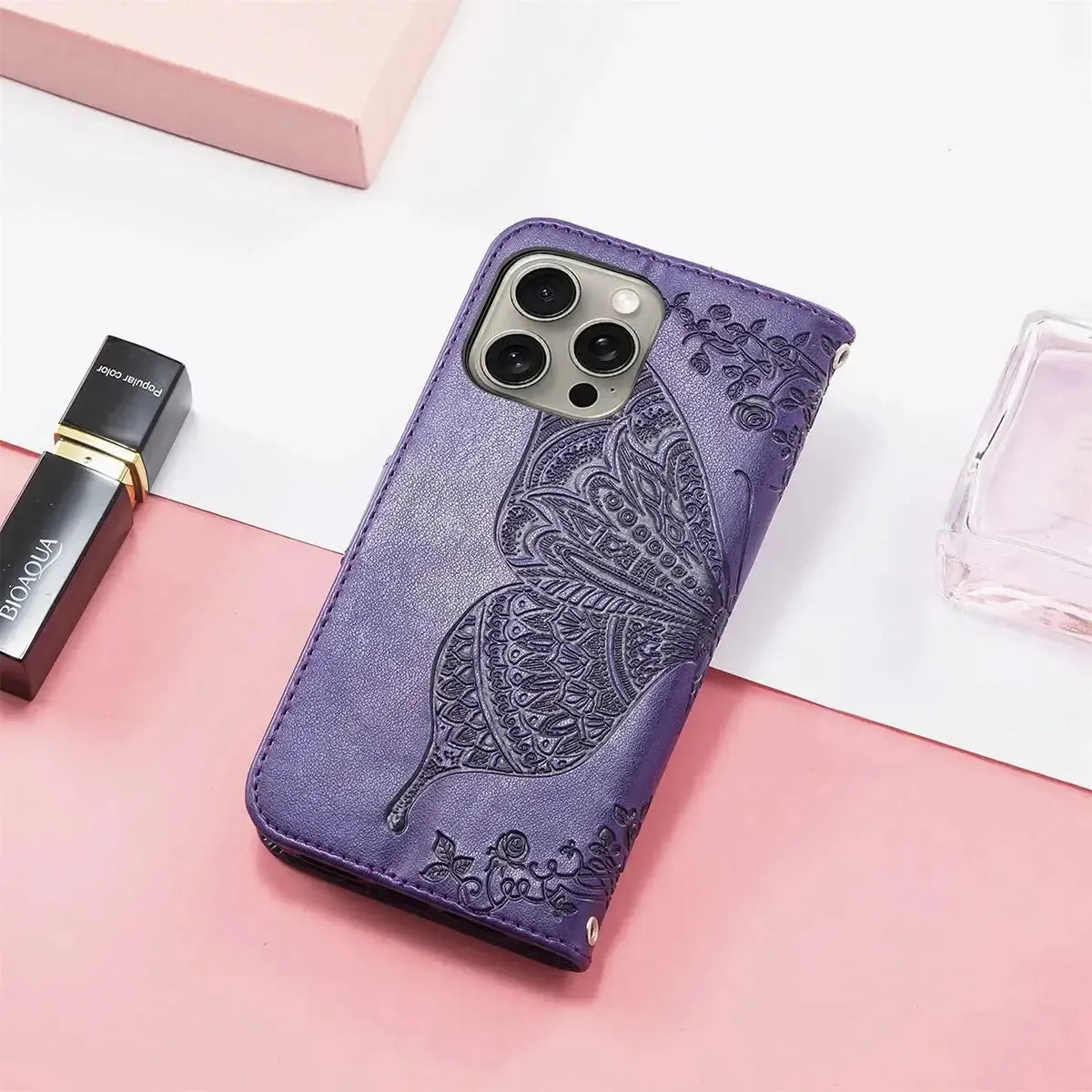 Buy Wallet Case for iPhone, Leather Flip Cover with Card Slots, Wrist Strap, Butterfly Embossed Design, Stand Feature - VANNY at Caseles-iPhone 17 Pro Max, Black