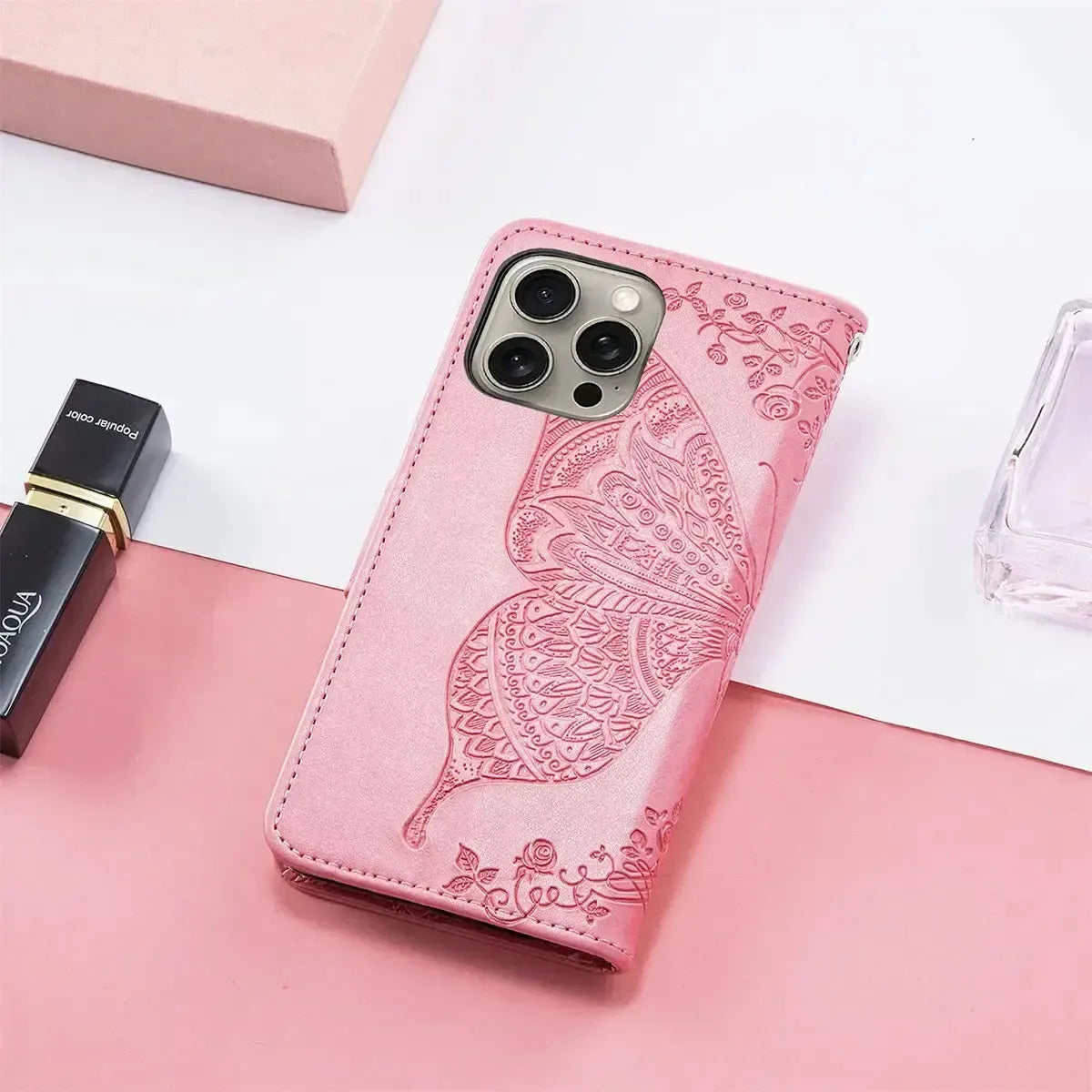 Buy Wallet Case for iPhone, Leather Flip Cover with Card Slots, Wrist Strap, Butterfly Embossed Design, Stand Feature - VANNY at Caseles-iPhone 17 Pro Max, Black