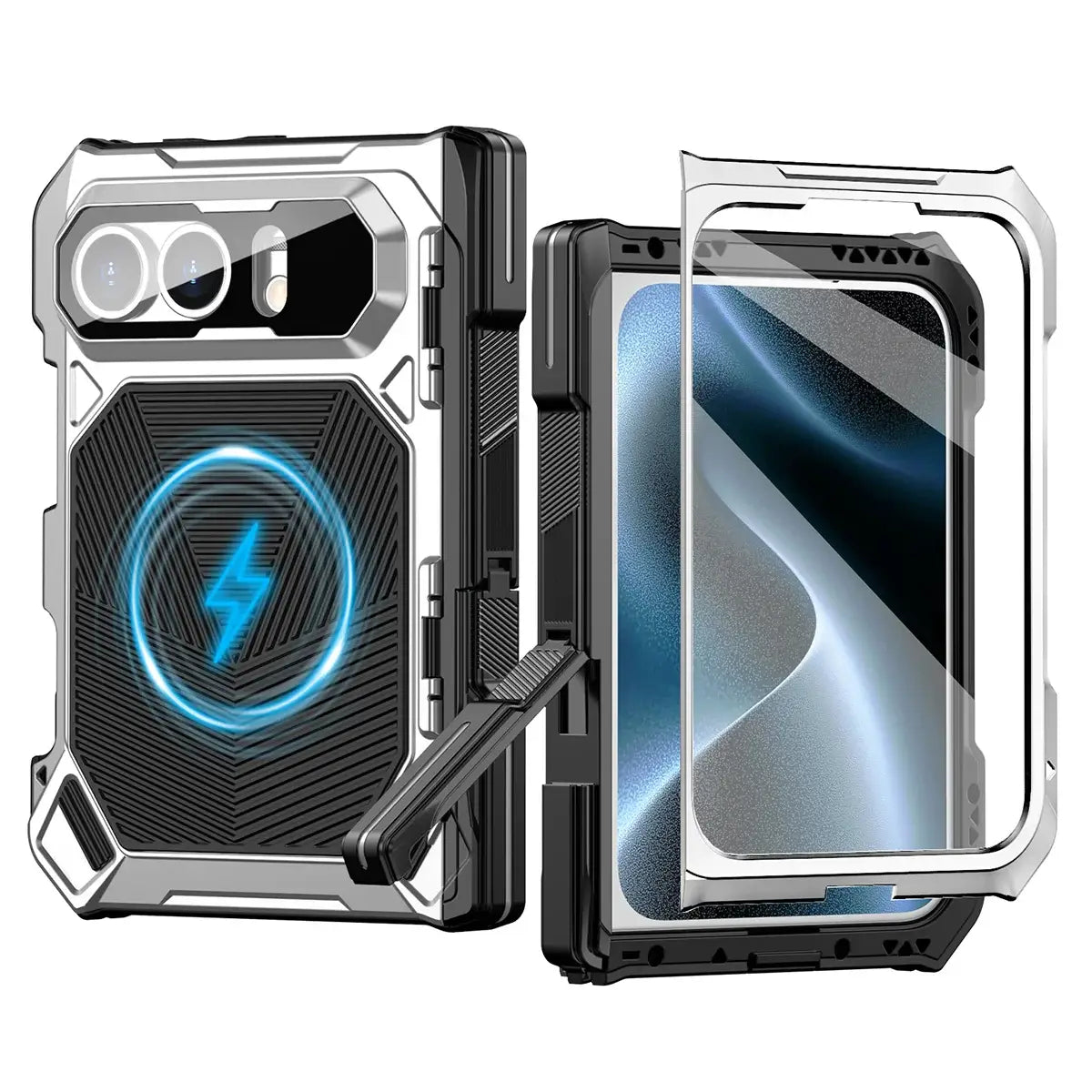 Buy Heavy-Duty Magnetic Case with Built-In PET Screen Protector, Hidden Hinge Kickstand & 18FT Drop Defense - VAUX at Caseles-iPhone Ultra, Silver