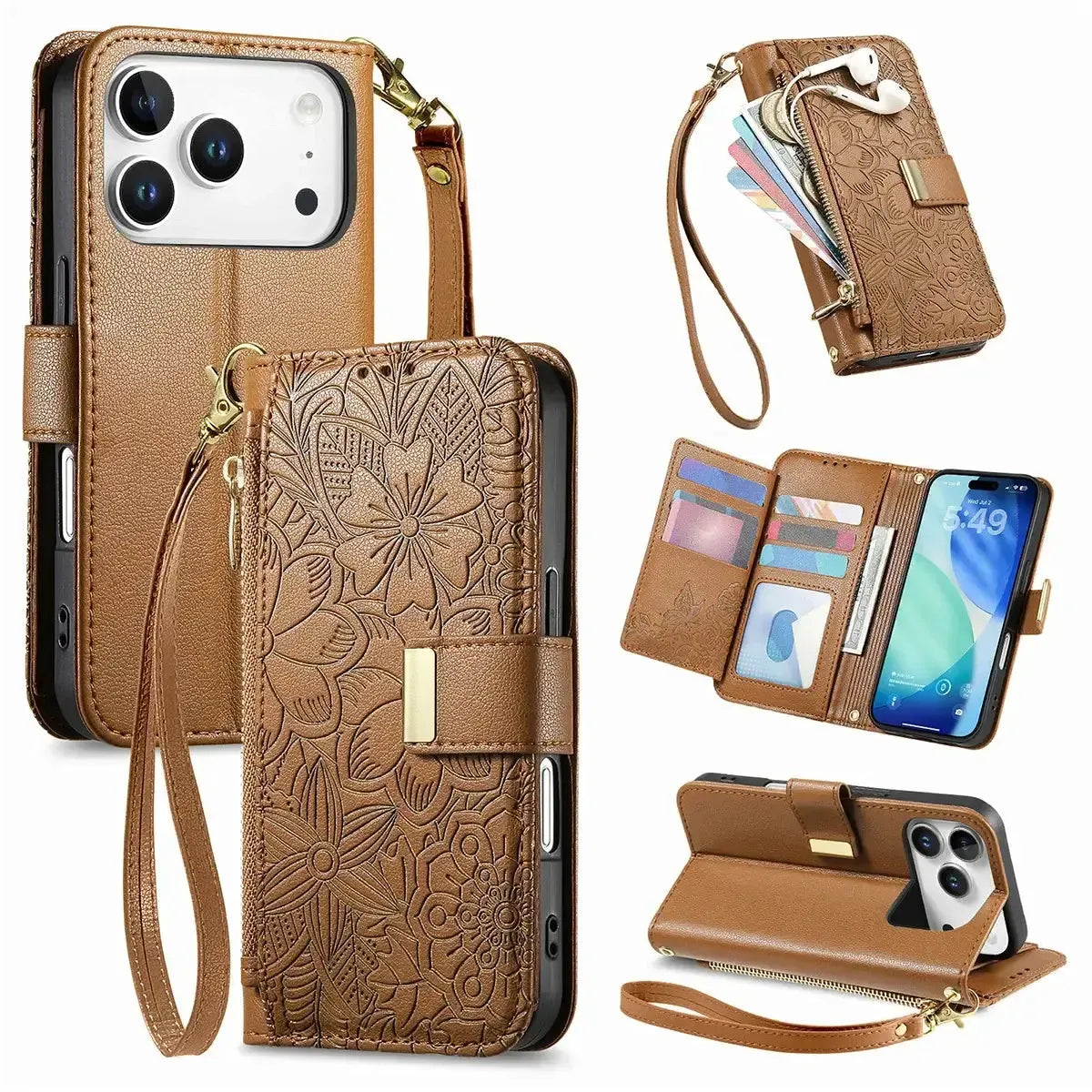 Buy PU Leather Wallet iPhone 17 Case with Card Slots, Wrist Strap, Stand, and Full Shockproof Protection, Willow at Caseles-iPhone 17 Pro Max, Bronze