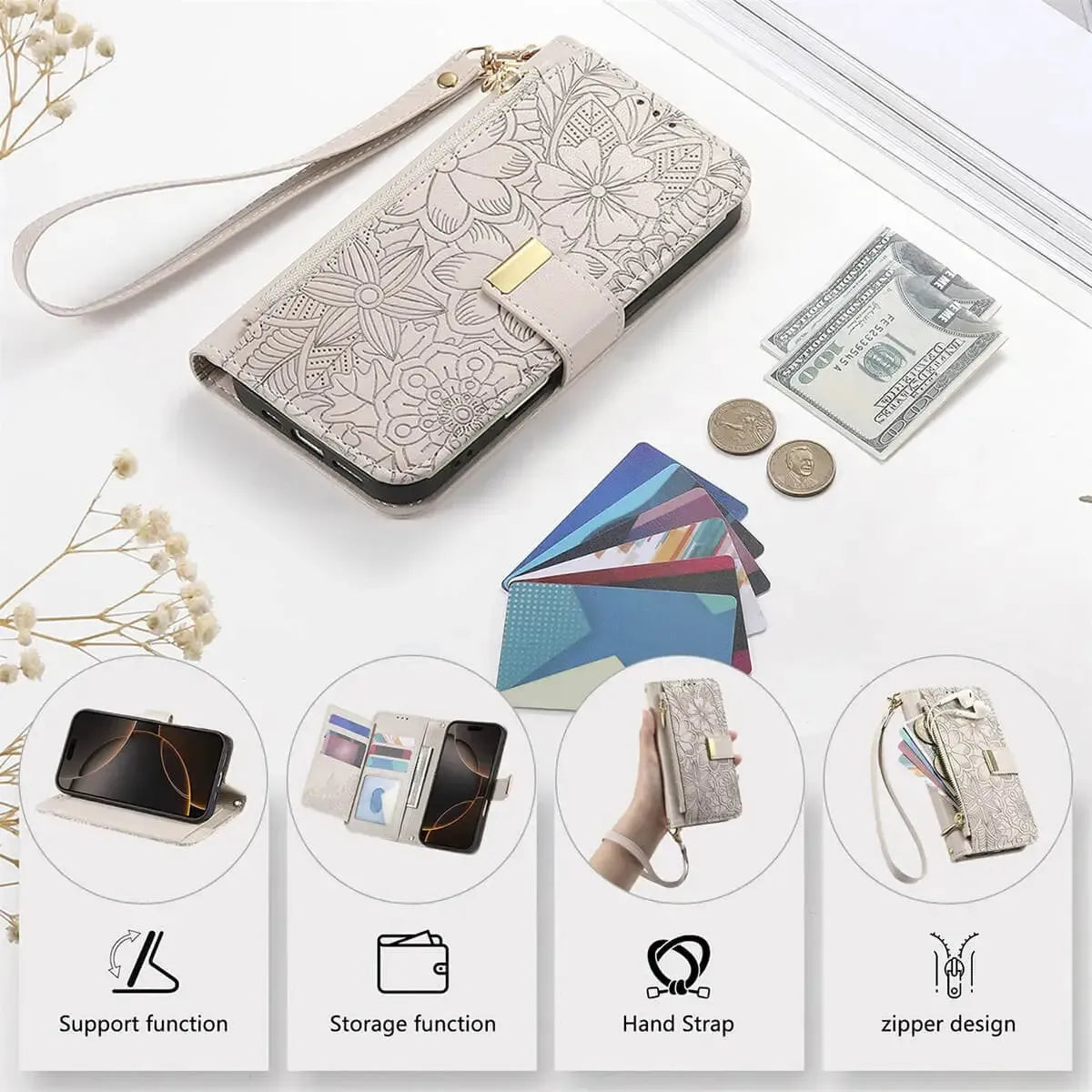 Buy PU Leather Wallet iPhone 17 Case with Card Slots, Wrist Strap, Stand, and Full Shockproof Protection, Willow at Caseles-iPhone 17 Pro Max, White